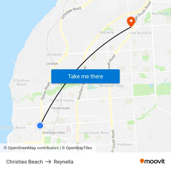 Christies Beach to Reynella map