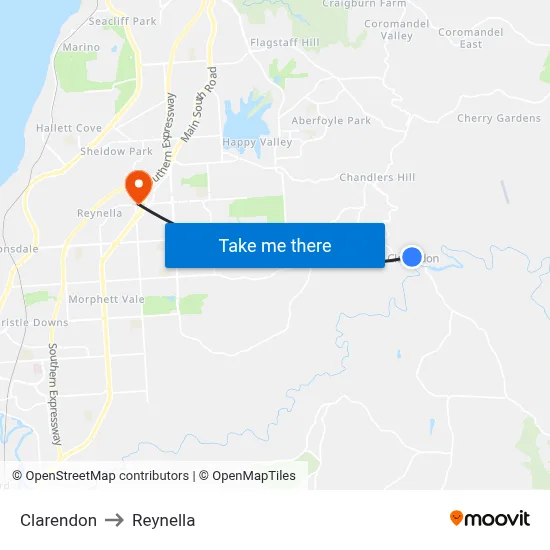 Clarendon to Reynella map