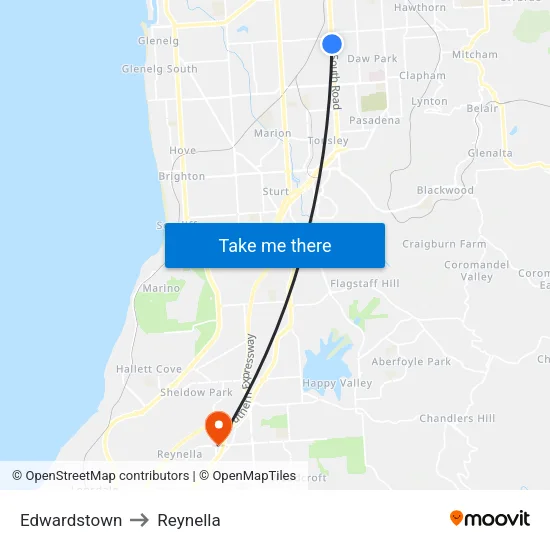 Edwardstown to Reynella map
