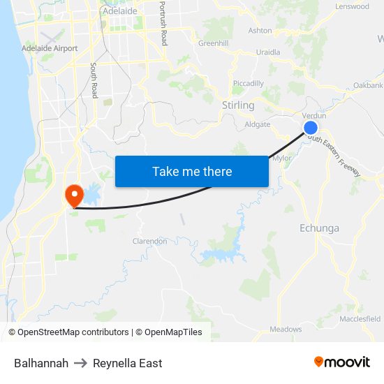 Balhannah to Reynella East map