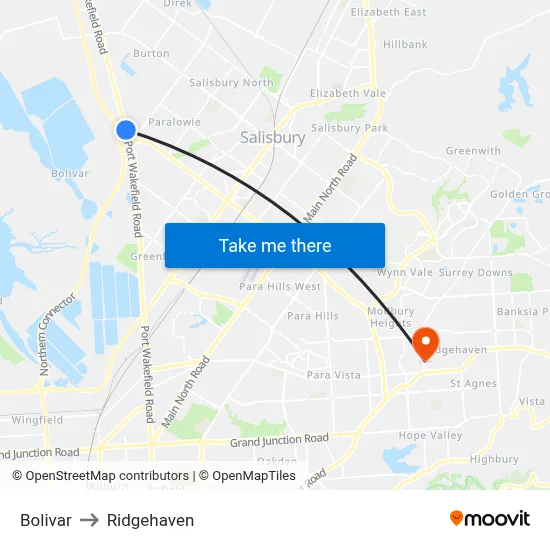 Bolivar to Ridgehaven map