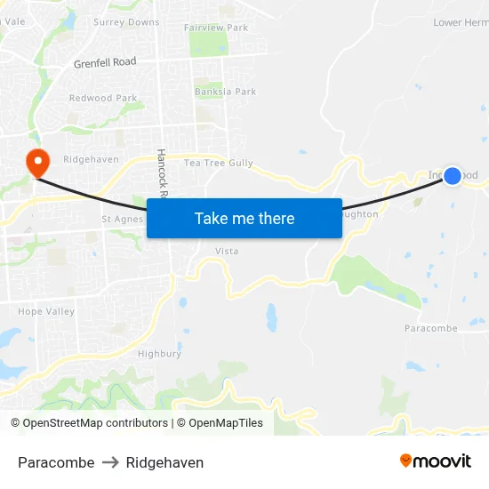 Paracombe to Ridgehaven map