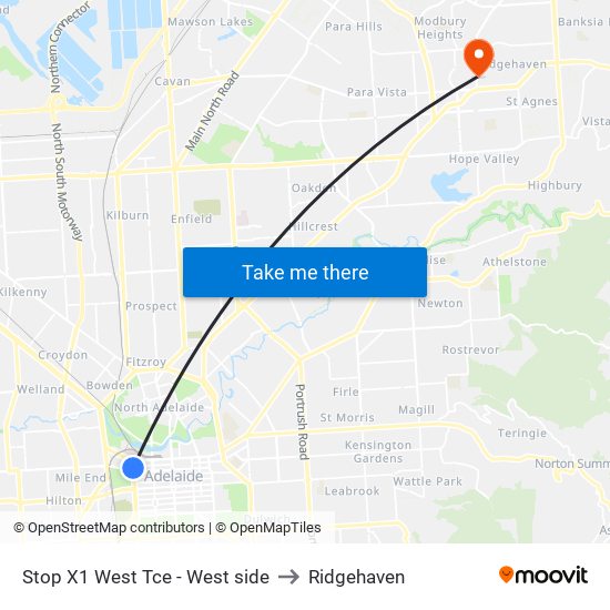 Stop X1 West Tce - West side to Ridgehaven map