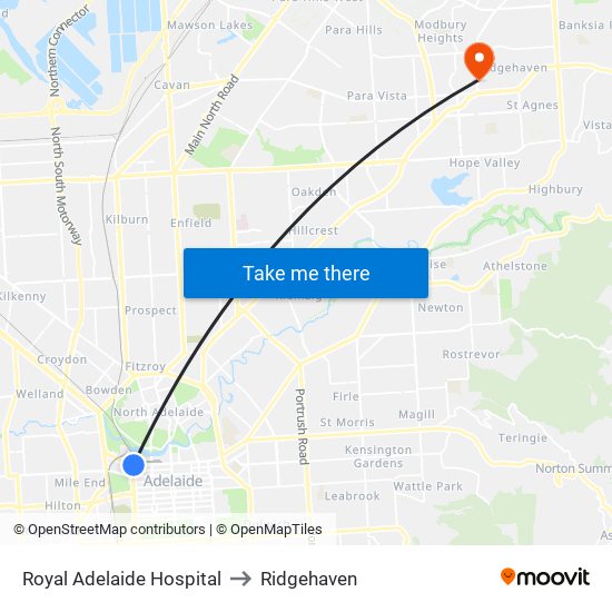 Royal Adelaide Hospital to Ridgehaven map