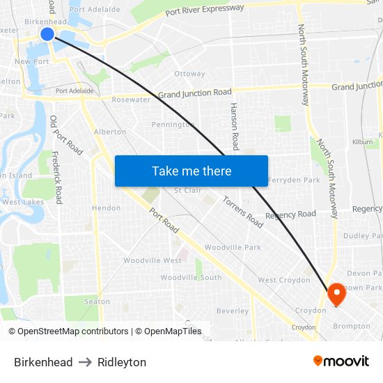 Birkenhead to Ridleyton map