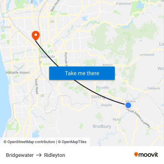 Bridgewater to Ridleyton map
