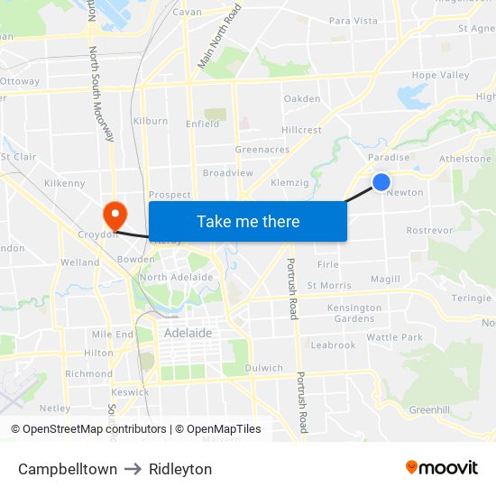 Campbelltown to Ridleyton map