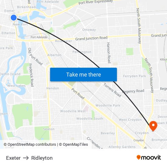 Exeter to Ridleyton map