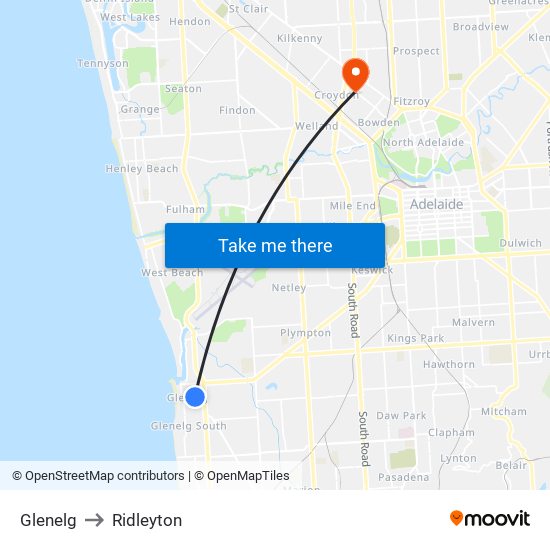 Glenelg to Ridleyton map