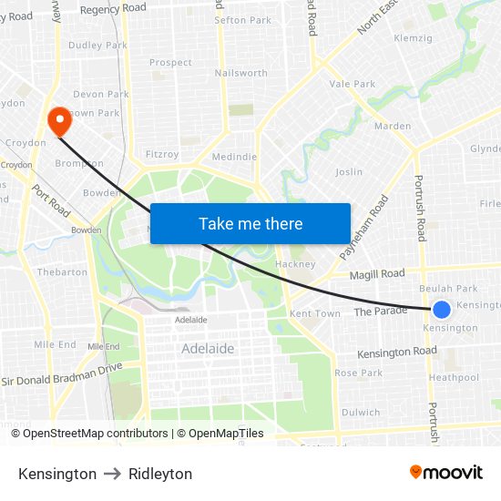 Kensington to Ridleyton map