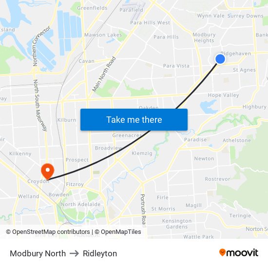 Modbury North to Ridleyton map