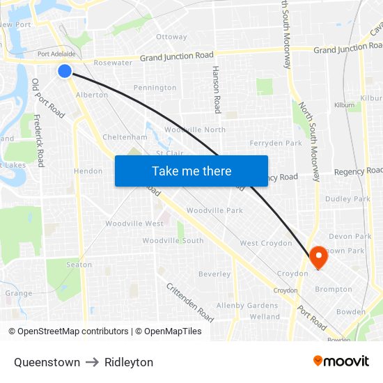 Queenstown to Ridleyton map