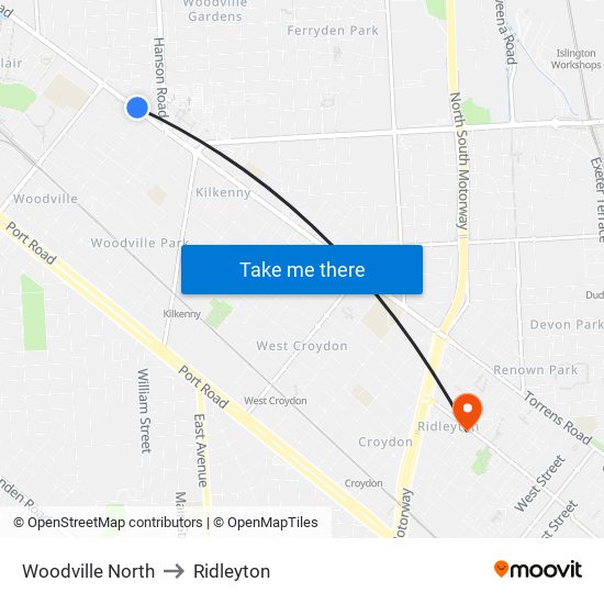 Woodville North to Ridleyton map