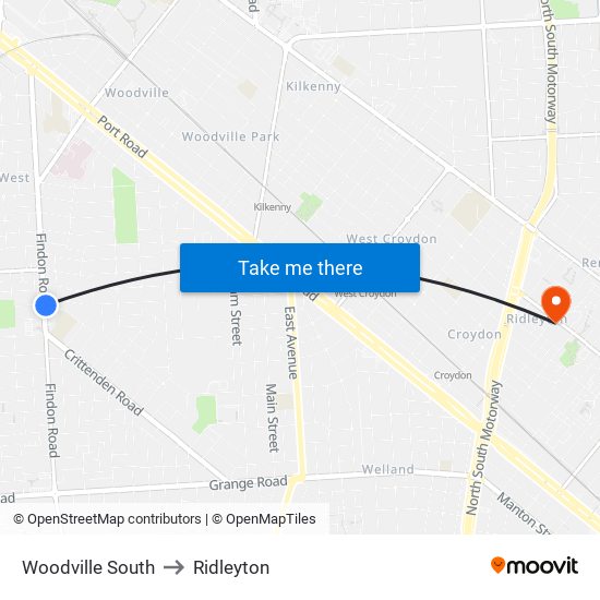 Woodville South to Ridleyton map