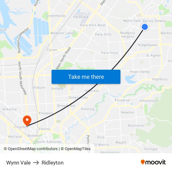 Wynn Vale to Ridleyton map