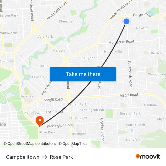 Campbelltown to Rose Park map