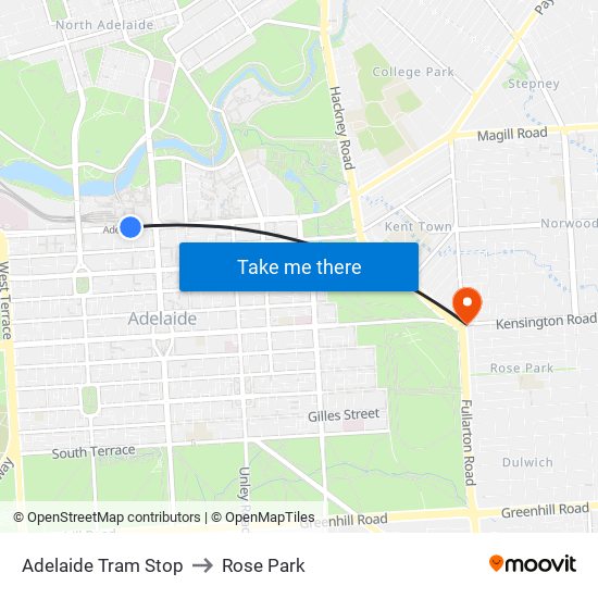 Adelaide Tram Stop to Rose Park map