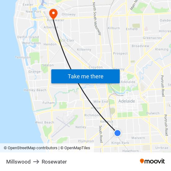 Millswood to Rosewater map