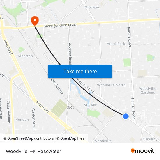 Woodville to Rosewater map