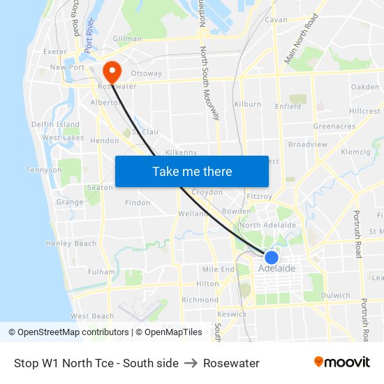 Stop W1 North Tce - South side to Rosewater map