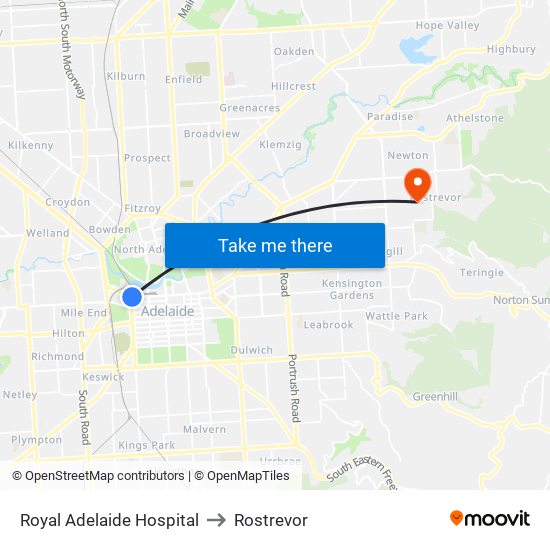Royal Adelaide Hospital to Rostrevor map