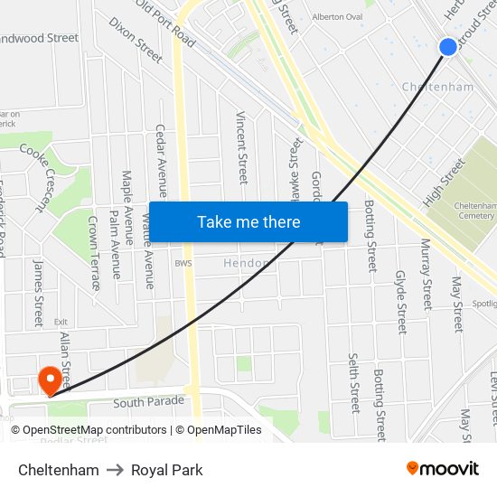 Cheltenham to Royal Park map