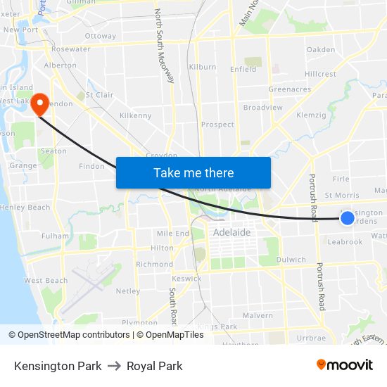 Kensington Park to Royal Park map