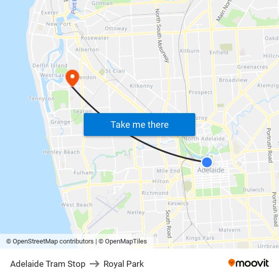 Adelaide Tram Stop to Royal Park map