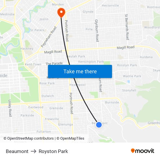 Beaumont to Royston Park map