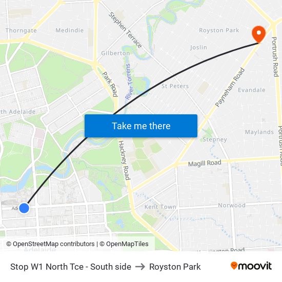 Stop W1 North Tce - South side to Royston Park map