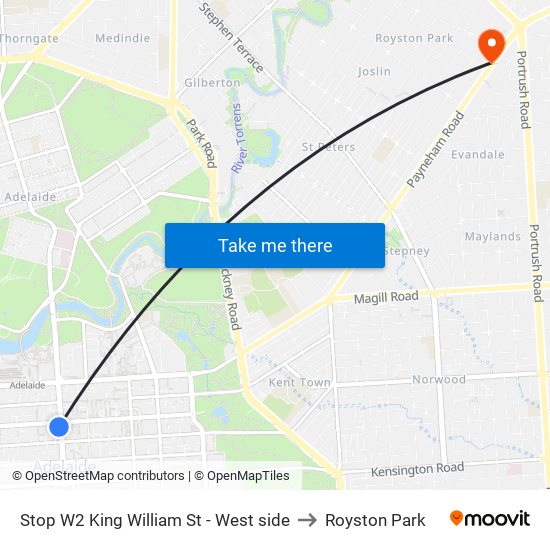 Stop W2 King William St - West side to Royston Park map