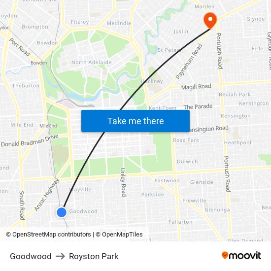 Goodwood to Royston Park map