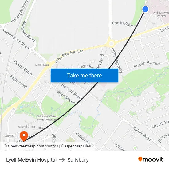 Lyell McEwin Hospital to Salisbury map