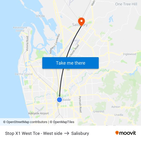 Stop X1 West Tce - West side to Salisbury map