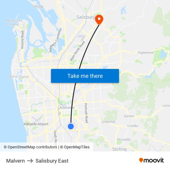 Malvern to Salisbury East map