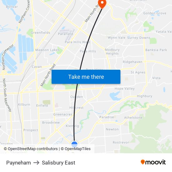 Payneham to Salisbury East map