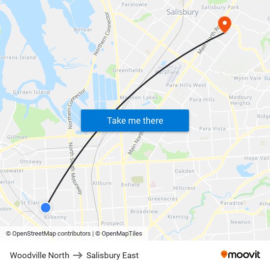 Woodville North to Salisbury East map