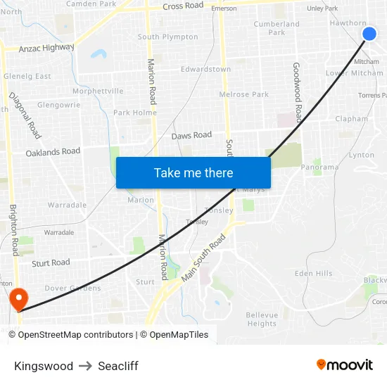 Kingswood to Seacliff map