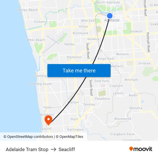 Adelaide Tram Stop to Seacliff map