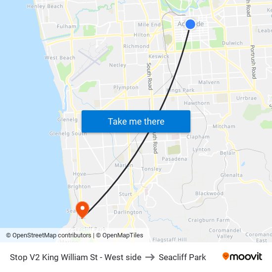 Stop V2 King William St - West side to Seacliff Park map