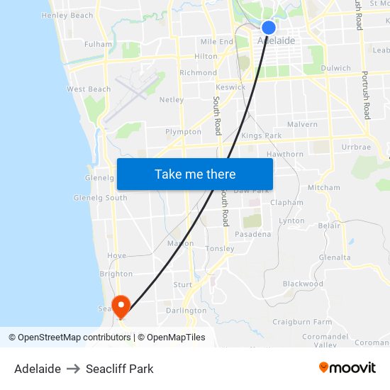 Adelaide to Seacliff Park map