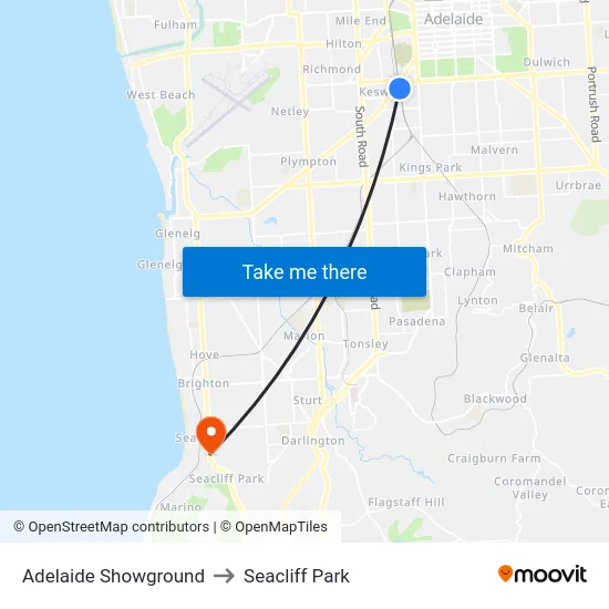 Adelaide Showground to Seacliff Park map