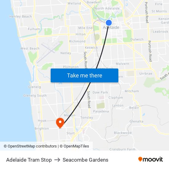 Adelaide Tram Stop to Seacombe Gardens map