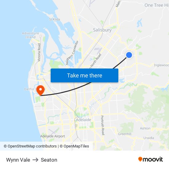 Wynn Vale to Seaton map