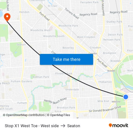 Stop X1 West Tce - West side to Seaton map