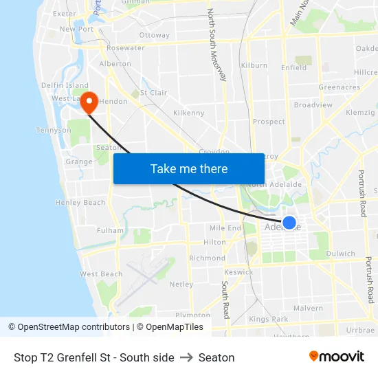 Stop T2 Grenfell St - South side to Seaton map