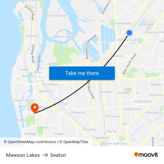 Mawson Lakes to Seaton map