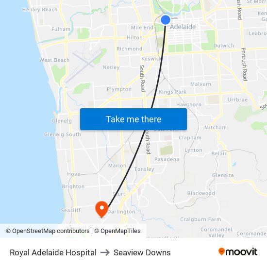 Royal Adelaide Hospital to Seaview Downs map