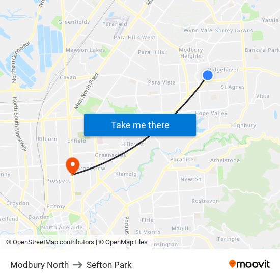 Modbury North to Sefton Park map