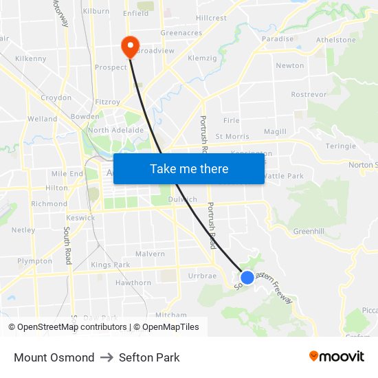 Mount Osmond to Sefton Park map